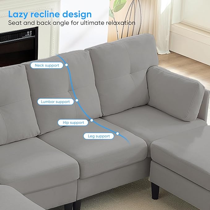 PUREMIND Sectional Home Sofa Living Room Modern U-Shaped Sofa Couches with Double Chaise Upholstered 4 Seater Sofa for Living Room Apartment Light Grey