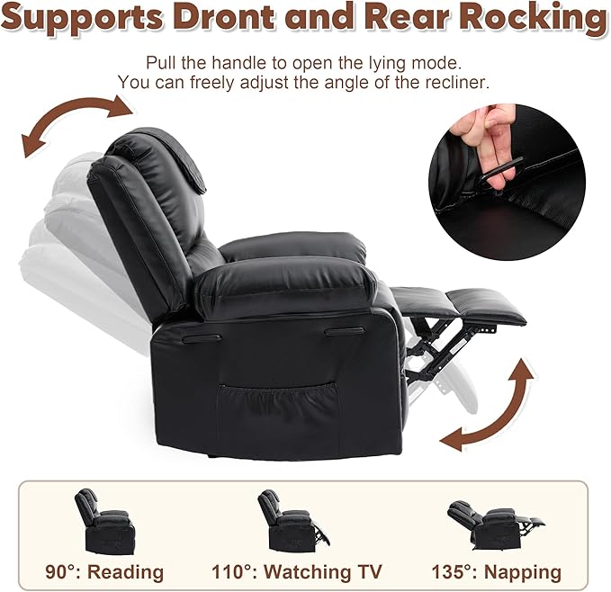 PU Leather Extra Wide Manual Recliner Chair for Adults with Massage &amp Heat Oversized Lazy Recliner with 1.5X Thick Sponge Comfort for Living Room BedroomBlack