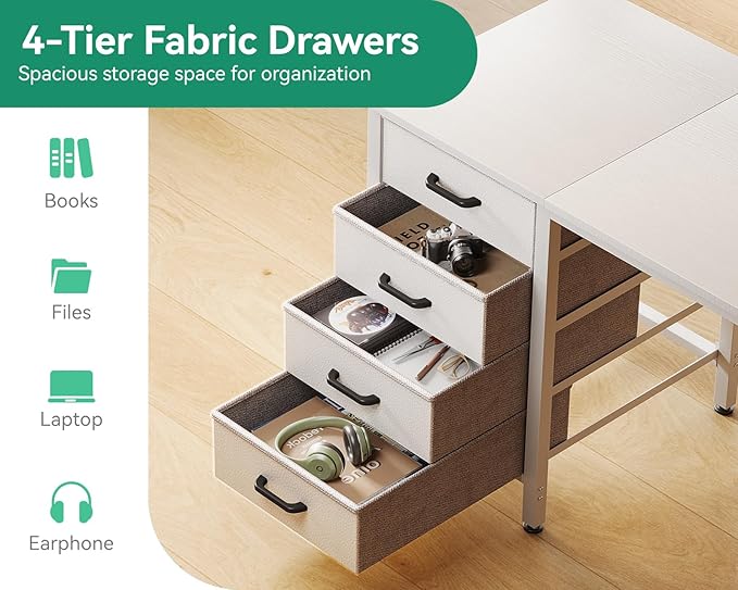 Casaottima 48-Inch Computer Desk with 4 Fabric Drawers — Home Office Desks with Storage Writing Desk with Side Hook and Cloth Bag Modern Study/Work Table for Bedroom and Small Space White