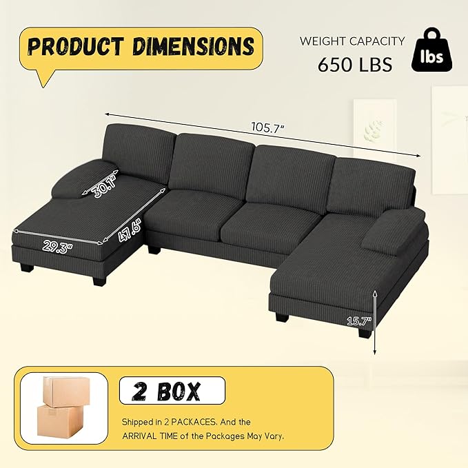 JUMMICO Sectional Couches for Living Room U Shaped Couch with Chenille Fabric 4 Seat Modern Sofa with Removable Pillows for Apartment and Small Space (Corduroy Light Grey)