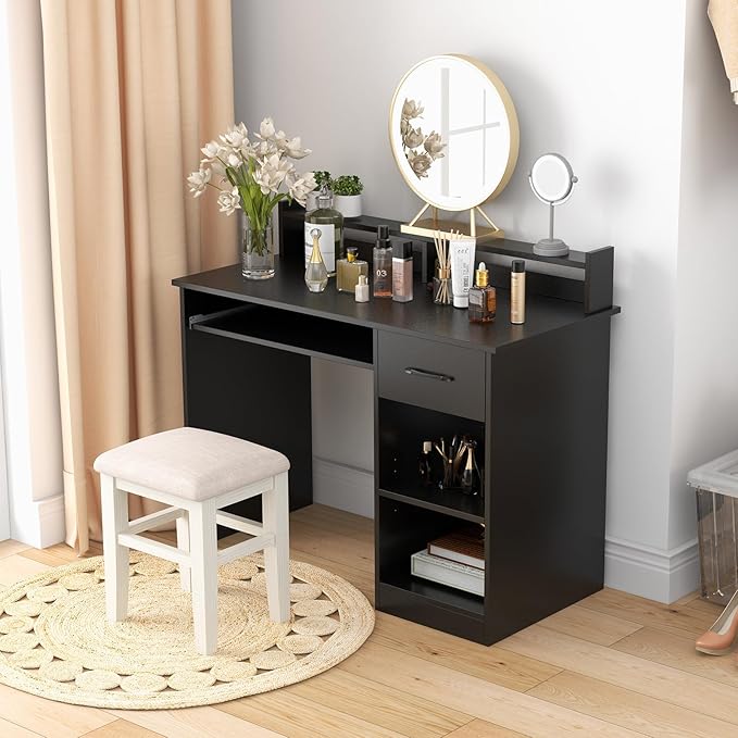 GOFLAME Computer Desk Home Office Desk with Large Drawers Hutch Keyboard Tray 5-Position Adjustable Open Shelves Easy Assembly Writing Desk for Bedroom Small Space Living Room Black