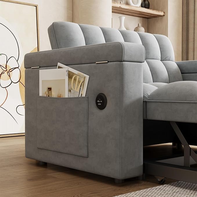 65 Modern Velvet Double Sofa 3 in 1 Foldable Computer Desk Sofa Bed with Adjustable Backrest Storage Bag and Pillow Hidden Living Room Laptop Desk with USB Port (Dark Gray)