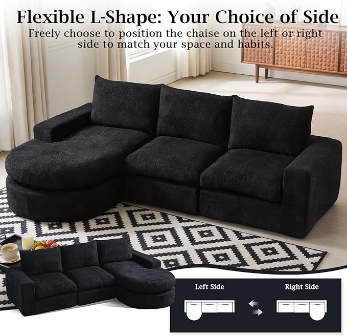 99 Modular Sectional Sofa Cloud Sectional Couch with Neck Pillow &amp Deep Seat Chenille Boneless Couches with L-Shape Chaise for Living RoomNo Assembly Required Black