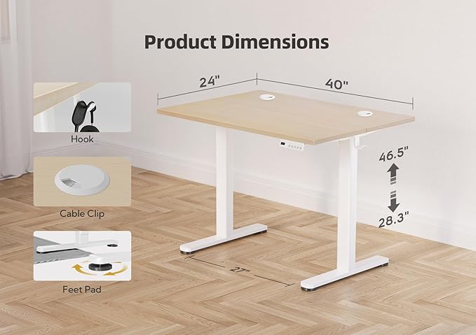 YDN Electric Standing Desk Adjustable Height 40 x 24 Inches Stand up Desk with Cable Management Home Office Desks with Splice Board &amp White Frame Nature Top