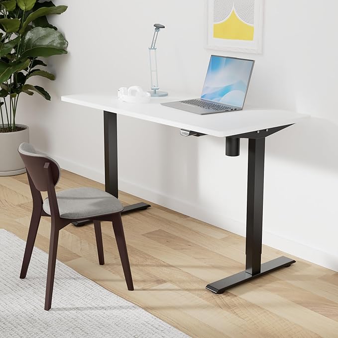 SANODESK Electric Standing Desk 55 x 28 Inches Whole-Piece Desktop Height Adjustable Stand Up Desk w/6-Button Controller Ergonomic Computer Desk for Home Office Black Frame + White Tabletop