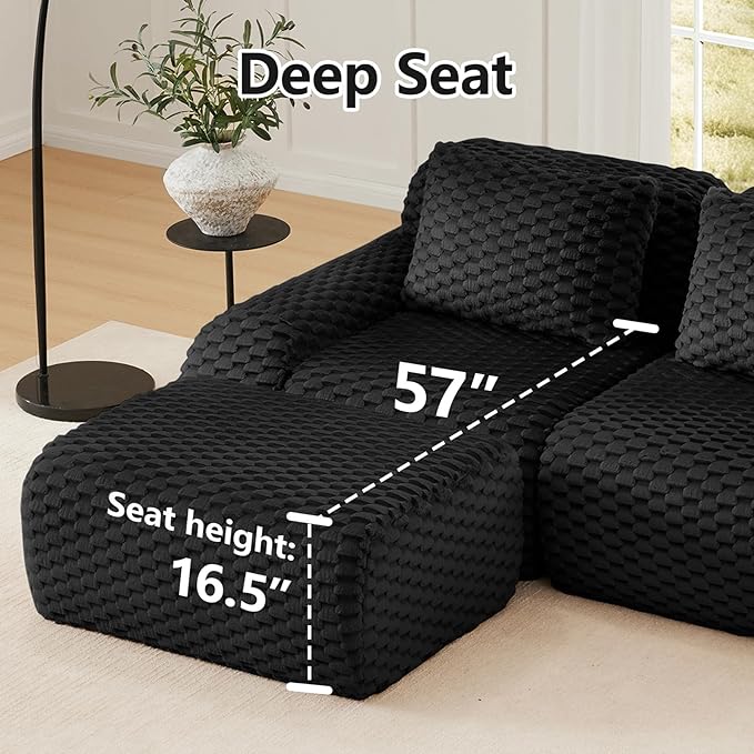 114 Oversized Modular Sectional Sofa Flannelette 3-Saeter Boneless Couch with Ottoman Comfy Deep Seat Cloud Couch Highly Textured L Shaped Sectional Couches for Living Room No Assembly Black