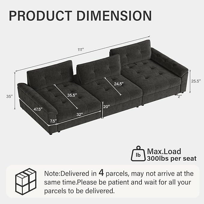 Oversized Sectional Couches for Living Room Modular Sectional Sofa with Storage &amp Adjustable Back Chenille Tufted Cloud Couch Deep Seat Loveseat Sofa 3 Seater Dark Gray