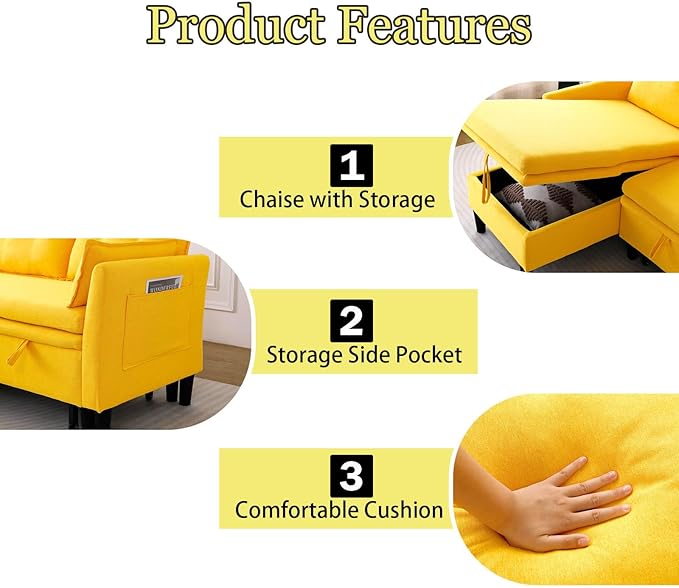 78 L-Shaped Sleeper Sofa Bed Couch 3-Seater Reversible Pull Out Couch Bed with Storage Chaise Lounge Cotton-Linen Pullout Sofabed Sectional Couches for Living Room Apartment Yellow