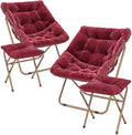 MoNiBloom Square Folding Faux Fur Saucer Chair for Bedroom Living Room Foldable Metal Frame Oversized Large Comfy Furry Padded Soft Cozy Moon Chair with Footrest Ottoman for Adults (Burgundy 2 Set)