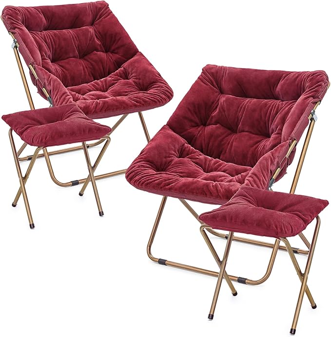 MoNiBloom Square Folding Faux Fur Saucer Chair for Bedroom Living Room Foldable Metal Frame Oversized Large Comfy Furry Padded Soft Cozy Moon Chair with Footrest Ottoman for Adults (Burgundy 2 Set)