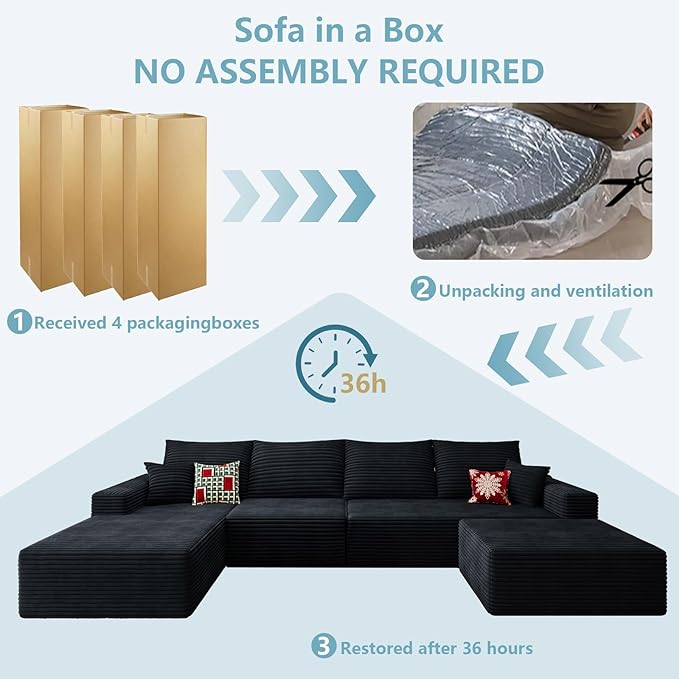 136 U Shaped Cloud Sectional Couch with Fluffy Corduroy Deep Memory Foam Seats Sofa with 1 Ottoman for Living Room No Assembly Required(BlackLeft-Facing Chaise)