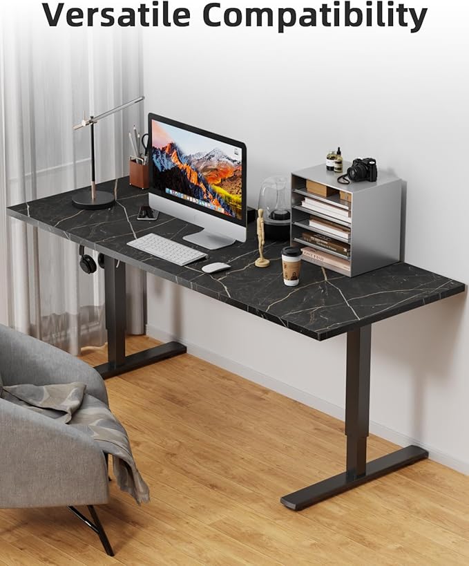 Universal 60 x 24 One-Piece Particle Board Table Top 1 Thick Desktop for Stand Up Height Adjustable Desk Frames Home Office Tabletop Countertop DIY Black Marble