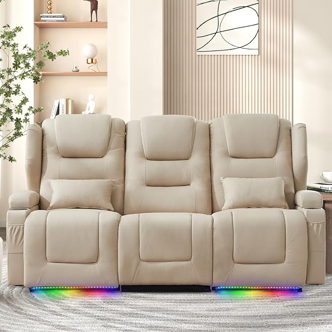 3-Seater Power Recliner Sofa Couch Flip Middle Backrest Reclining Sofa Chair for Living Room with Charging Station/Cup Holders/LED Ambient Light
