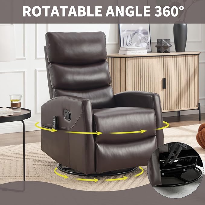 Swivel Recliner with Heat and Massage Rocker Recliner Chair for Living RoomGlider Recliner Nursery Chair with Black Metal Base/Adjustable Backrest and Footrest (PU Leather Brown)