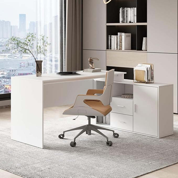 Homsee Home Office Computer Desk Corner Desk with 2 Drawers and 2 Open Cubes 55 Inch Large L-Shaped Study Writing Table with Storage Cabinet White (55.1”L x 47.2”W x 29.5”H)