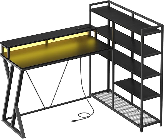 Reversible L Shaped Gaming Desk with Shelves 52'' L Shaped Computer Desk with Power Outlet and LED Light Corner Desk with Storage Shelf and Monitor Stand for Home Office Black