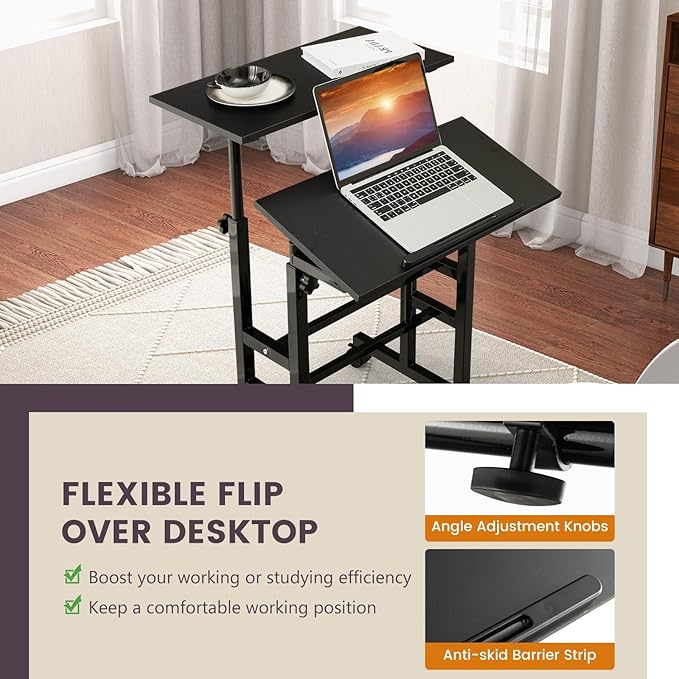 Standing Desk Height Adjustable Sit-Stand Desk with Tiltable Desk Top Rolling Laptop Stand &amp Workstation Mobile Stand up Computer Desk on Wheels for Small Spaces Home &amp Office (Black)