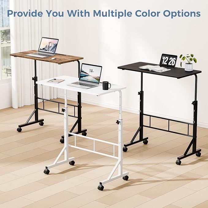DUMOS 31.5 Adjustable Height Mobile Desk with Locking Wheels &amp Pin-Lock Portable Workstation for Walking Pad &amp Active Home Office White