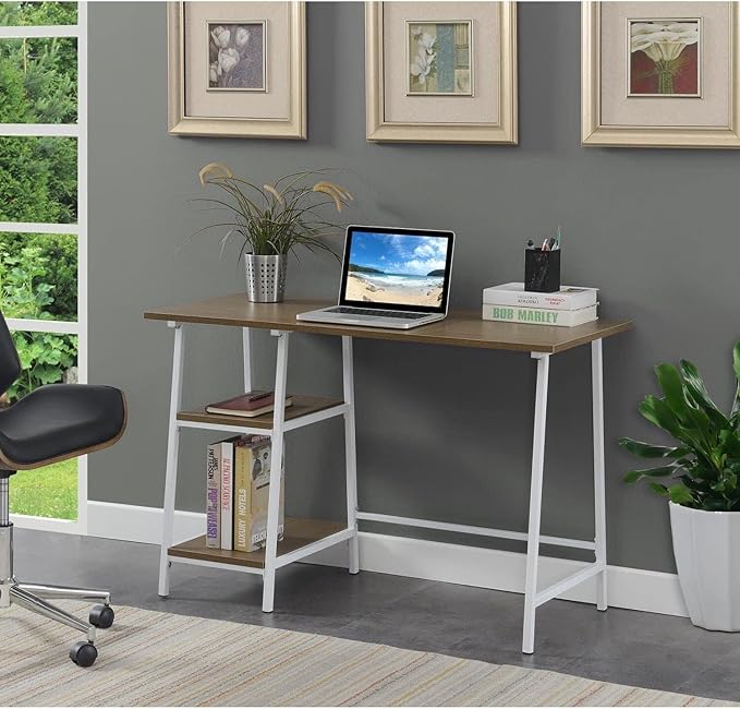Beauty Trestle Desk Driftwood/White Modern Home Office Desk 2 Shelves Durable Particleboard &amp Metal Versatile Workspace for Any Decor Quick Assembly