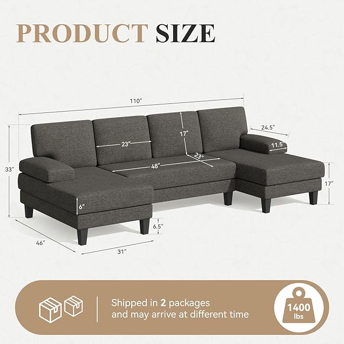 Luanimarion 110 U-Shaped Sectional Sofa Couch for Living RoomModern Modular Sofa with Double ChaiseClassic Lounge Couch Sleeper for Apartment Darkbrown Linen