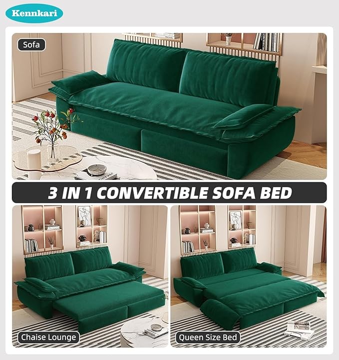 73.2 Queen Size 3-in-1 Convertible Pull Out Sofa Bed with Wheels Multi-Functional Velvet Loveseat Bed for Living Room and Bedroom (Green)