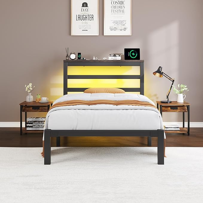 Twin Size Bed Frame with Storage Headboard Industrial Platform Bed with Charging Station and LED LightsUnderbed Storage Space No Box Spring Needed Easy Assembly Modern Black