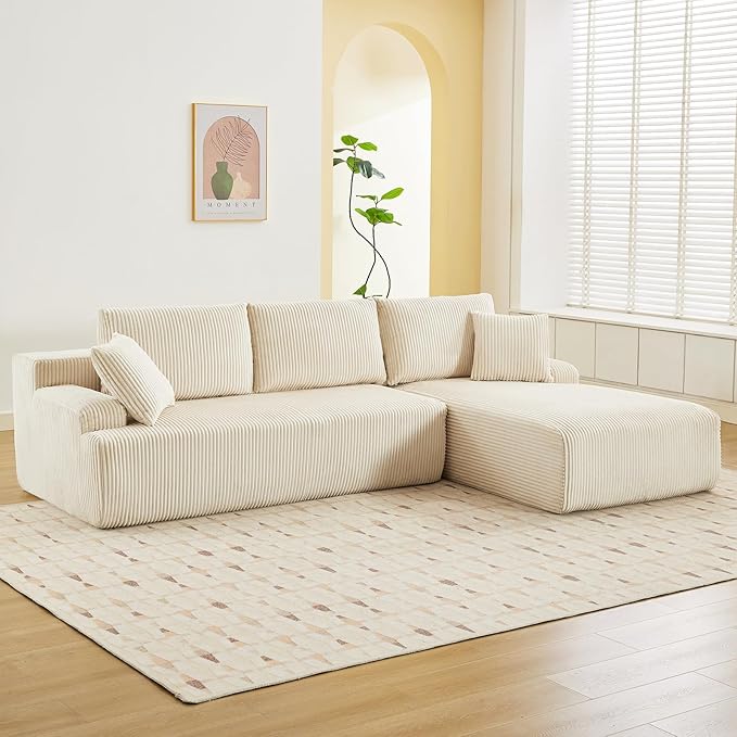 Cloud Couch Boneless l-Shape 96 Modern Sectional Comfy No Assembly Required Sleeper Modular Sofa with Corduroy Fabric Deep Seat Loveseat + Chaise Lounge Chair for Living Room