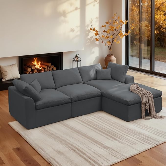 112 Cloud Sectional Couches for Living Room Modern Modular Sectional Sofa with Ottoman Boneless Cloud Couch with Comfy Deep Seats Fluffy Chenille L-Shape Sofa Couch for Living RoomDarkgrey