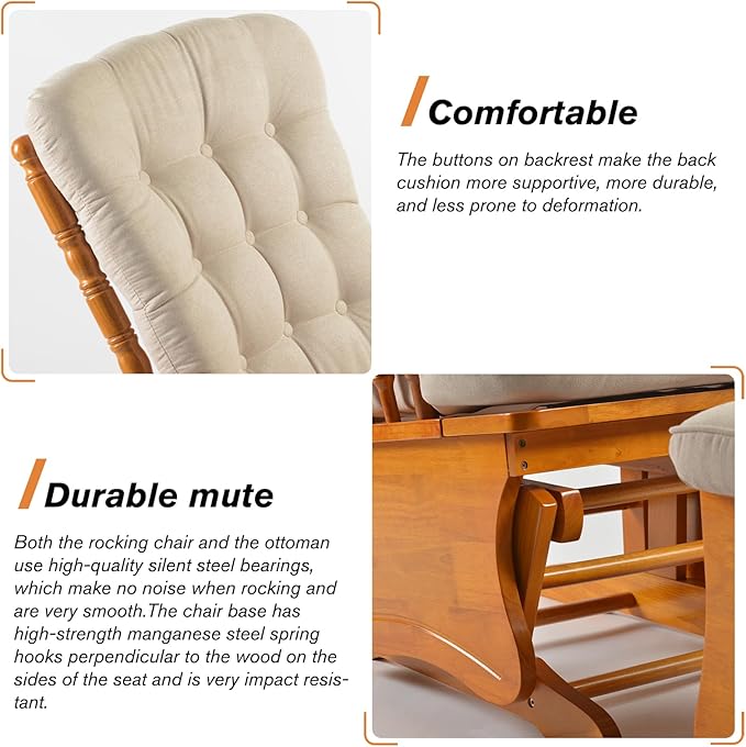 Anti-Pinch Solid Wood Hand Glider Rocking Chair Set with Ottoman Padded Cushion Rustic Rubber Wood Nursery Glider for Nursing Relaxing Living Room Bedroom Honey Colored