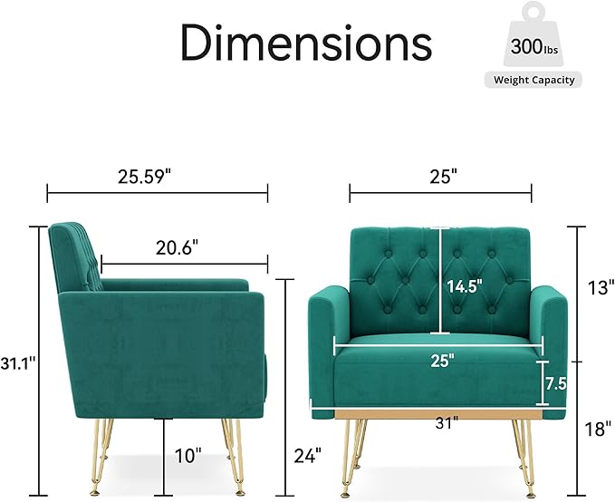 Accent Chair for Living Room Comfy Oversized Velvet Upholstered Arm Chairs Mid Century Modern Reading Single Sofa Side Chair with Tufted Back and Gold Legs for Bedroom (2 Green)