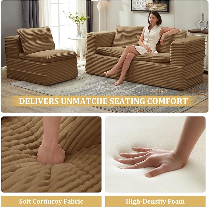 Convertible Sectional Folding Sofa Bed 80 Futon Floor Couch with Accent Chaise Modular Sleeper Loveseat Boneless Cloud Corduroy Couches for Living Room Guest Room No Assembly Required Camel