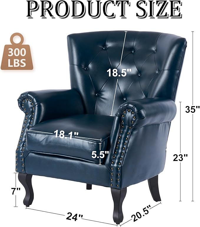 Modern Accent Chair Mid-Century Faux Leather Armchair with Solid Wood Legs Single Sofa Club Chair for Living Room Bedroom Leisure Room Reading Room(Navy)