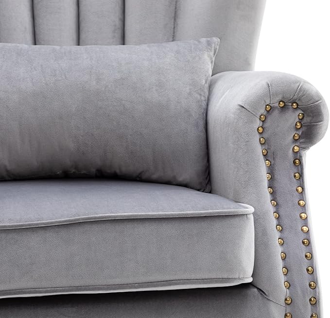 Kmax Grey Accent Chair Velvet Wingback Chair with Pillow Nail-Head Channel Tufted Oversized Club Chair for Living Room Bedroom Guest Room