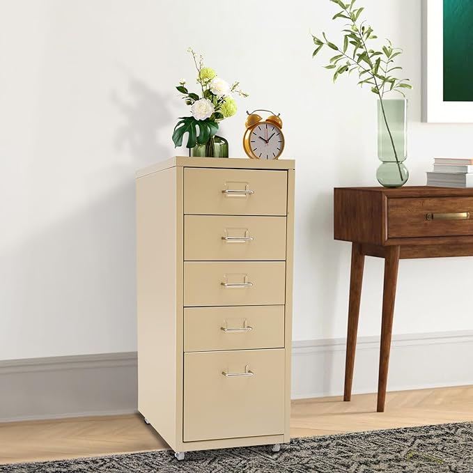 5-Drawer Storage Cabinet with Wheels Metal File Storage Organizer with 4 Small &amp 1 Large Drawers Mobile Vertical Filing Cabinet for Home Office Craft Room Bedroom 11x16.1x27.1in (Beige)