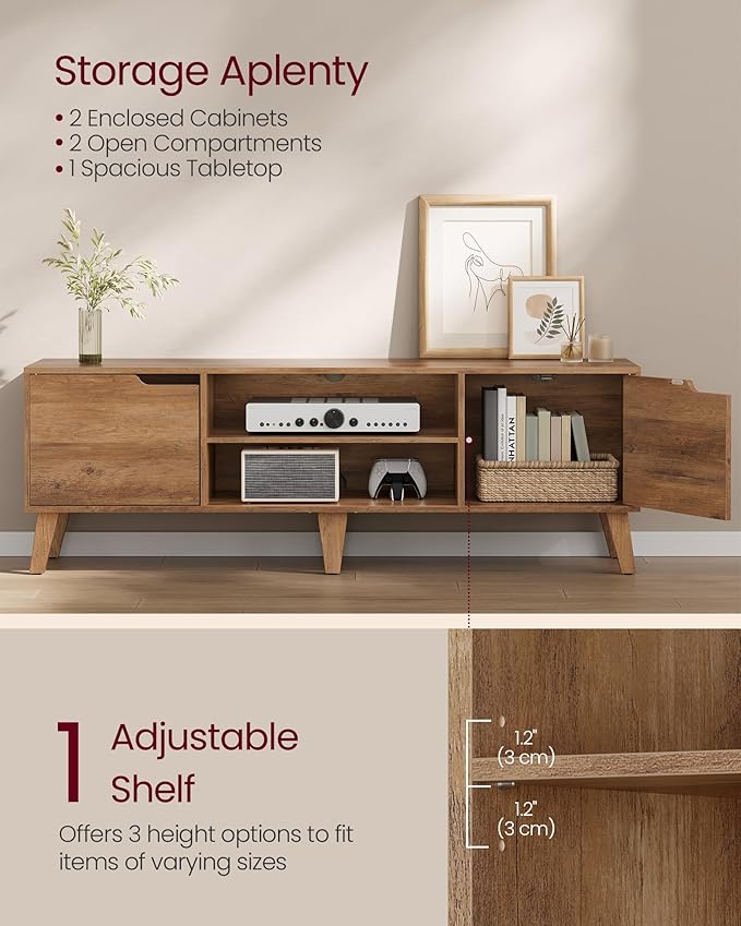VASAGLE TV Stand with Charging Station for 65-Inch TVs Entertainment Center with LED Light 57.9-Inch Long Media Console Table Transitional Style for Living Room Bedroom Honey Brown ULTV560K01