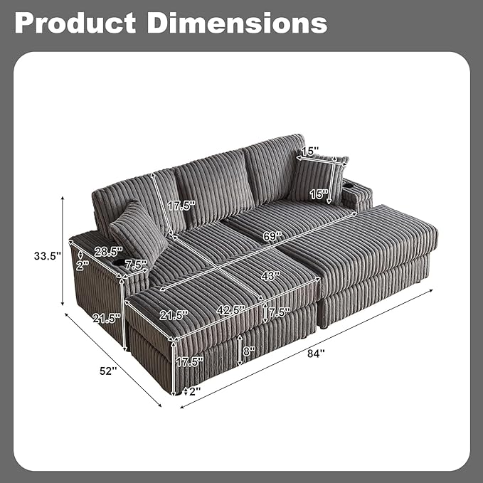 84Inch Corduroy 3-Seater Sofa with 3 Back Pillows2 toss Pillows a Ottoman2storage Spaces and Cup-Holding Grooves Comfy Sofa- Deep Seat Couch for Living RoomGrey