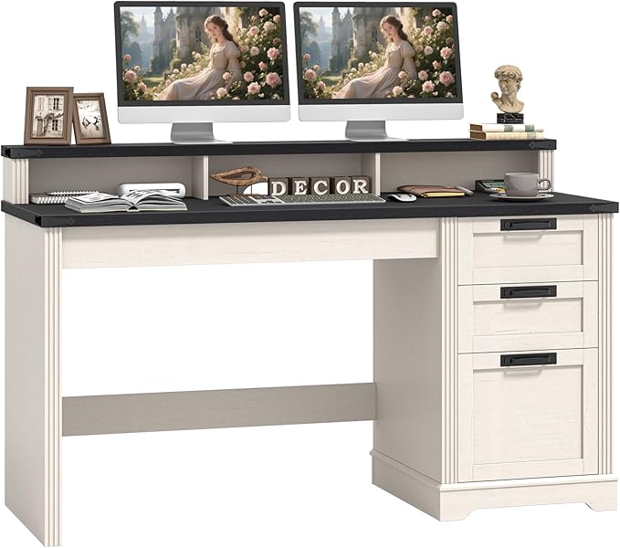 Vabches 55 Farmhouse Executive Desk with 3 Drawers Wooden Computer Desk with Keyboard Tray Home Office Desk with File Drawer (Fits A4 Size) for Work and Study White and Black