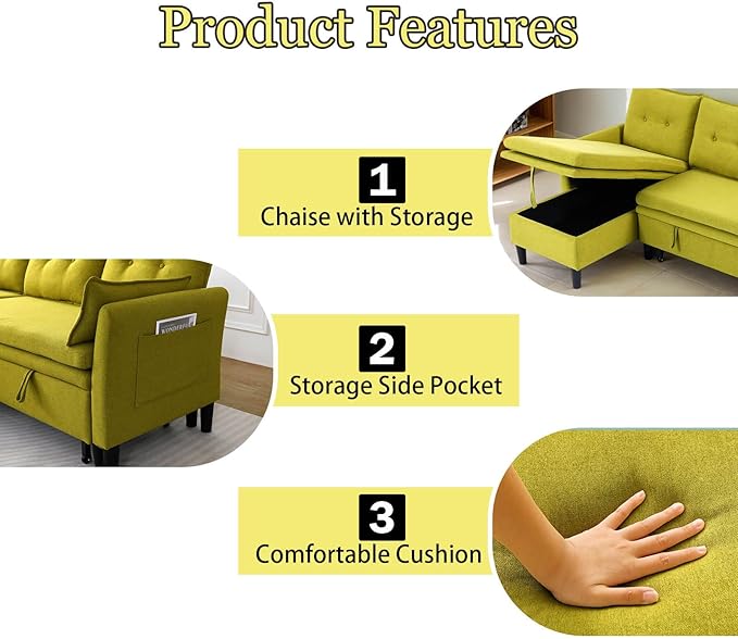 78 L-Shaped Sleeper Sofa Bed Couch 3-Seater Reversible Pull Out Couch Bed with Storage Chaise Lounge Cotton-Linen Pullout Sofabed Sectional Couches for Living Room Apartment Green