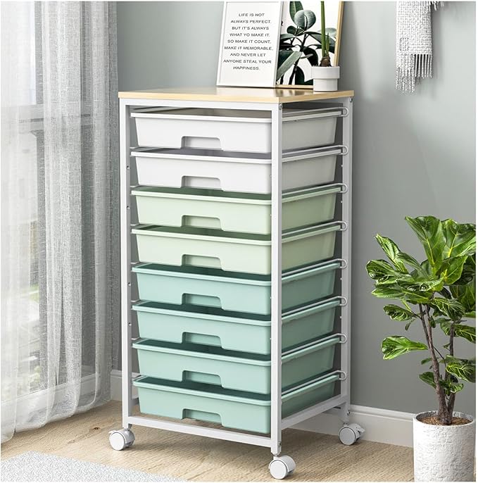Rolling Storage Utility Cart Organizers with 8 Drawers and Wooden Tabletop for Living RoomOfficeClassroomCraft RoomBedroomDormGreen