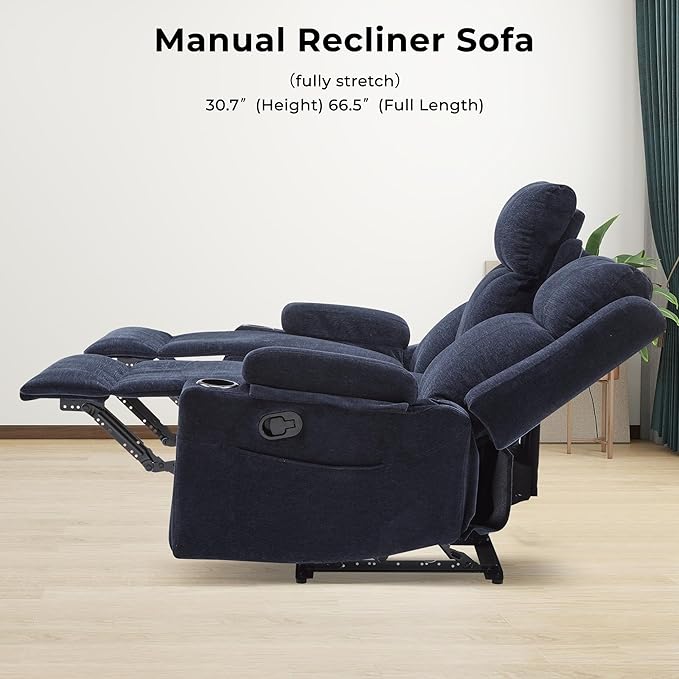 Large Manual Reclining Sofa 3-Seater Chenille Recliner Couch with Cup Holders Wide Seat Easy Assembly &amp Spill-Resistant Fabric Cozy Reclining Sofa for Living Room Apartment RV Blue