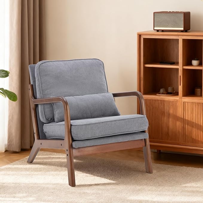 DUMOS Mid Century Modern Chair Set of 2 Accent Chair with Arms and Waist Cushion Reading Chairs for Adults Lounge Chair for Living Room and Bedroom Solid Wooden Frame Grey