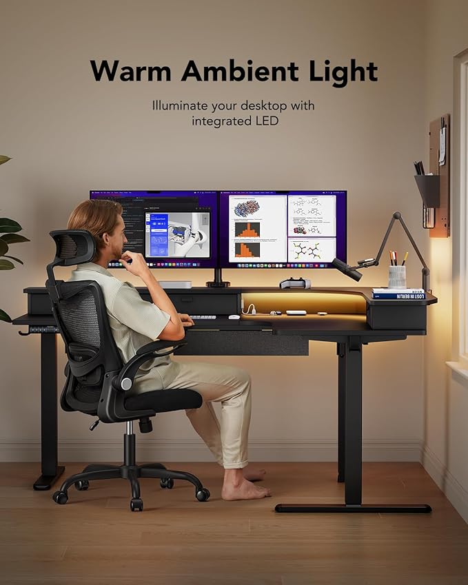 HUANUO 65″ L-Shaped Standing Desk with Power Outlets &amp LED Strip Electric Height Adjustable Corner Computer Desk Sit Stand Up Desk with 3 Drawers Black