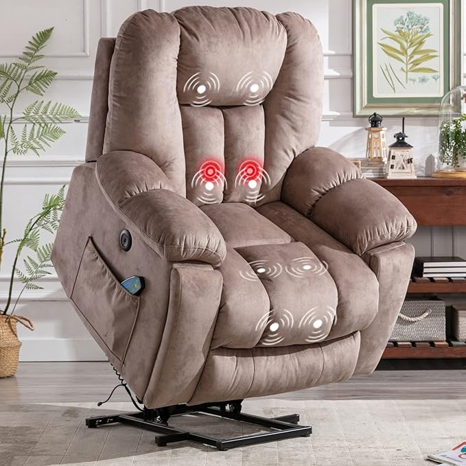 CANMOV Power Lift Recliner Chair with Massage and Heat for Elderly Overstuffed Wide Recliners Heavy Duty and Safety Motion Reclining Mechanism with USB Ports 2 Concealed Cup Holders Apricot