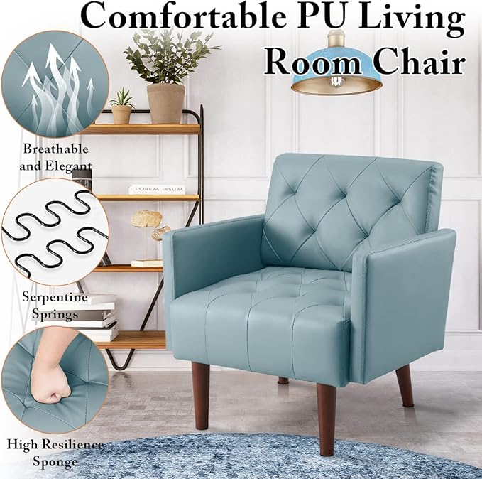 Leather Accent Chair Mid Century Modern PU Leather High Back Armchair for Living Room Chairs with Solid Wood Legs for Small Spaces Bedroom Office (Blue 29.1 x 25.6 x 31.1)