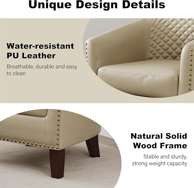 Accent Barrel Chair Upholstered Faux Leather Club Chair with Nailed Trim Comfy Reading Armchair for Living Room Bedroom Reception Room Office (Beige Set of 2)
