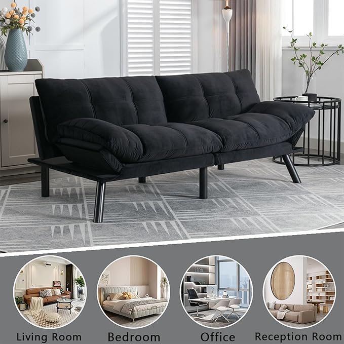 70“ Modern Velvet Futon Couch SleeperConvertible Sleeper Sofa Bed with Adjustable Backrests and Folding Armrest for Living Room Bedroom Office ApartmentSplit BackMattress Included (Black)