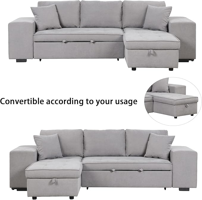 Flieks 104.5 inch Reversible Sectional Sofa with Storage Chaise2 Shelves2 Stools and 2 Tossing Cushions - 3 Seat Sleeper Contemporary Corner Sectional with Pull-Out Sleeper and Chaise