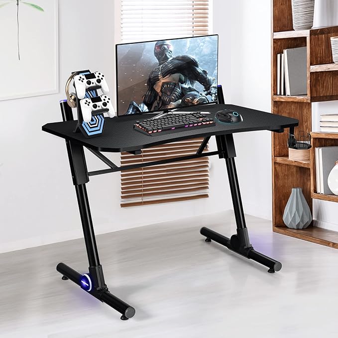 Tangkula Gaming Desk Height Adjustable Computer Desk w/Blue LED Lights Gaming Handle Rack &amp Cup Holder Z-Shaped Ergonomic Home Office Gamer Desk w/Carbon Fiber Texture (Black)