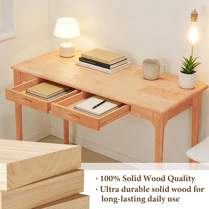 47 Solid Wood Desk with Drawers Small Home Office Writing Wooden Desk Gaming &amp Computer Desk for Bedroom Work Study Table for Small Space(Beech47Inch)
