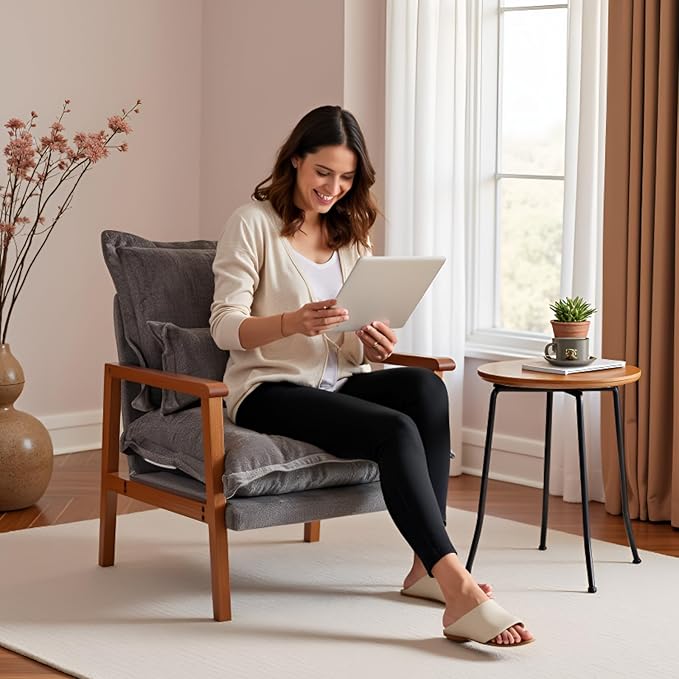 Karl home Midcentury Accent Chair for Living Room Chenille Upholstered Lounge Armchair with Lumbar Pillow Ruffle-Designed Cozy Reading Chair with Wood Legs Gray